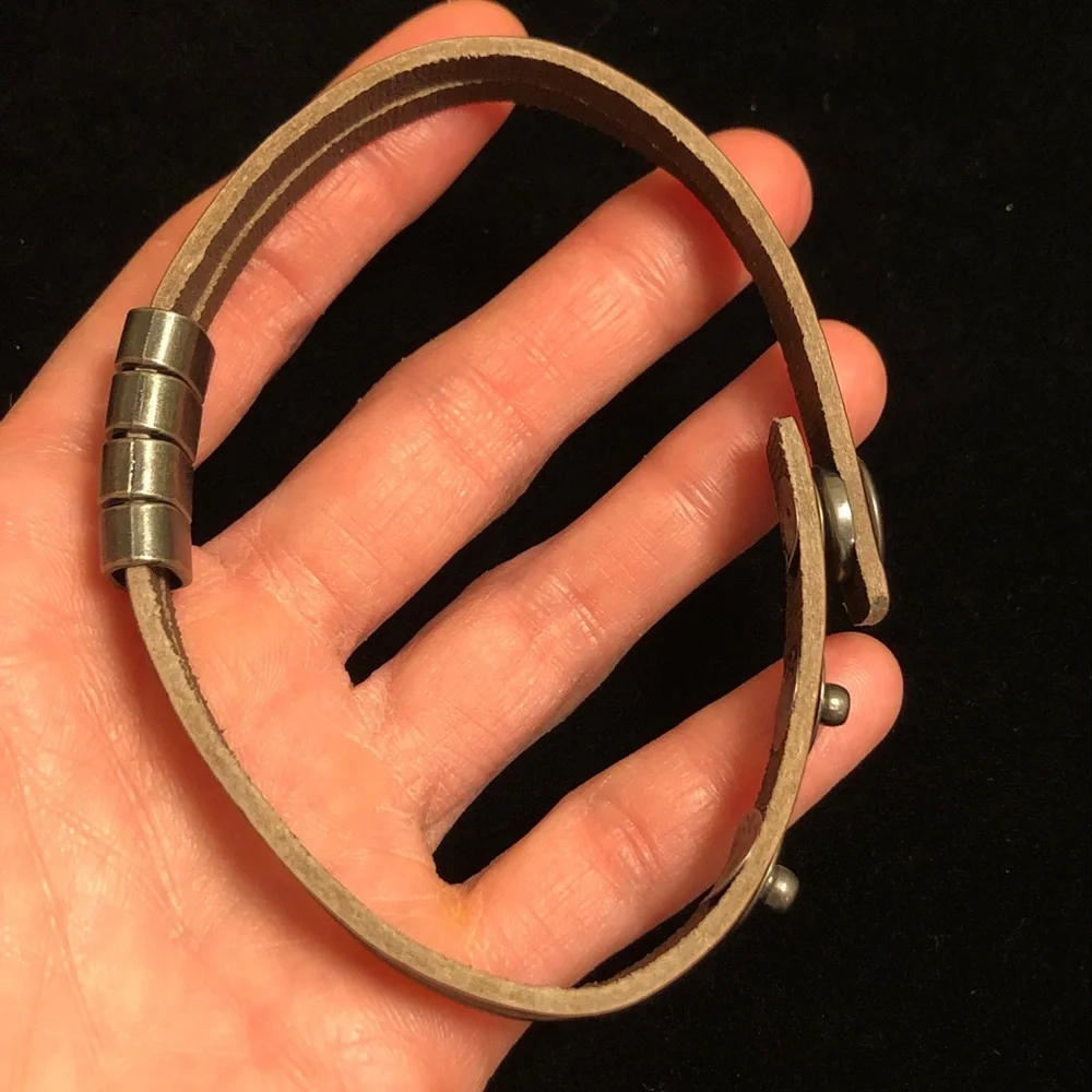 Brown Leather Style Bracelet with Distressed Silver Tone Accents